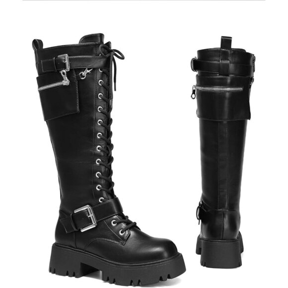 Women's Leather Black Combat Platform Knee High Lace Up Boots Motorcycle Boots - Picture 5 of 9